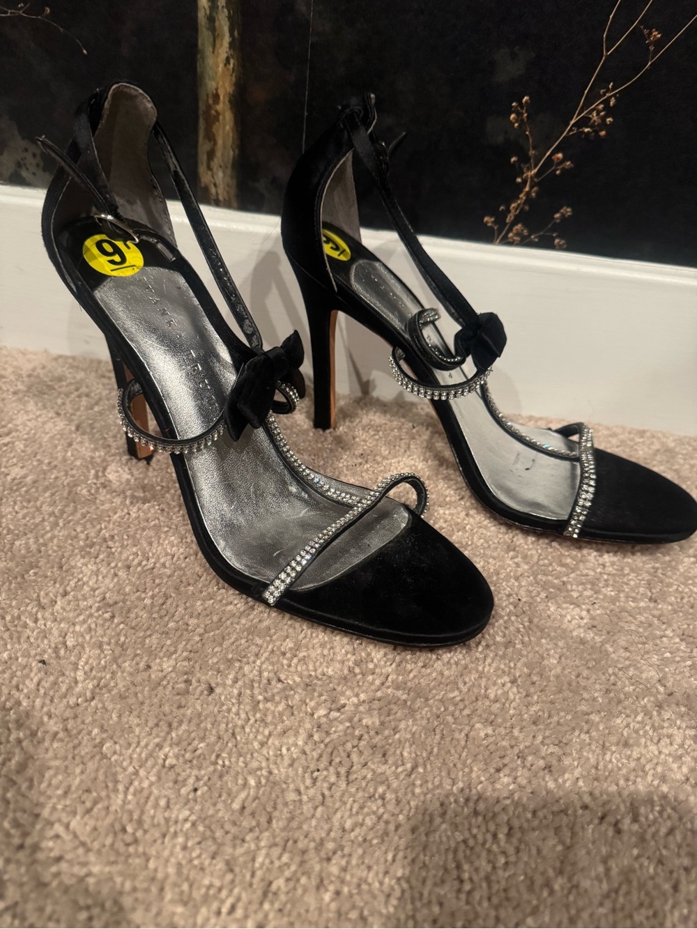 Ivanka Trump Black Rhinestone Bow T-Strap Stiletto Sandals